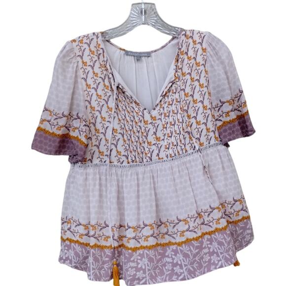 Daniel Rainn Cottage Boho Peasant Tassel Top Blouse Rayon Size S Pleated Floral - Picture 1 of 11